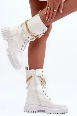 Damskie Boto Skórzane Wysokie Workery Z Łańcuszkiem Białe Nameer