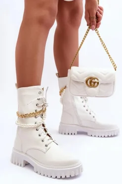 Damskie Boto Skórzane Wysokie Workery Z Łańcuszkiem Białe Nameer