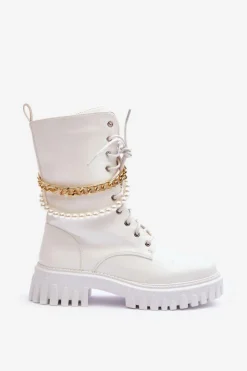 Damskie Boto Skórzane Wysokie Workery Z Łańcuszkiem Białe Nameer