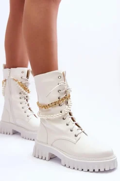 Damskie Boto Skórzane Wysokie Workery Z Łańcuszkiem Białe Nameer
