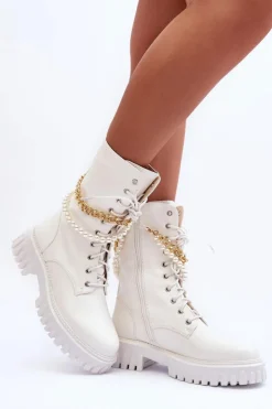 Damskie Boto Skórzane Wysokie Workery Z Łańcuszkiem Białe Nameer