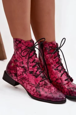 Online Maciejka Skórzane Wzorzyste Botki Na Płaskim Obcasie 06391-23 Różowe