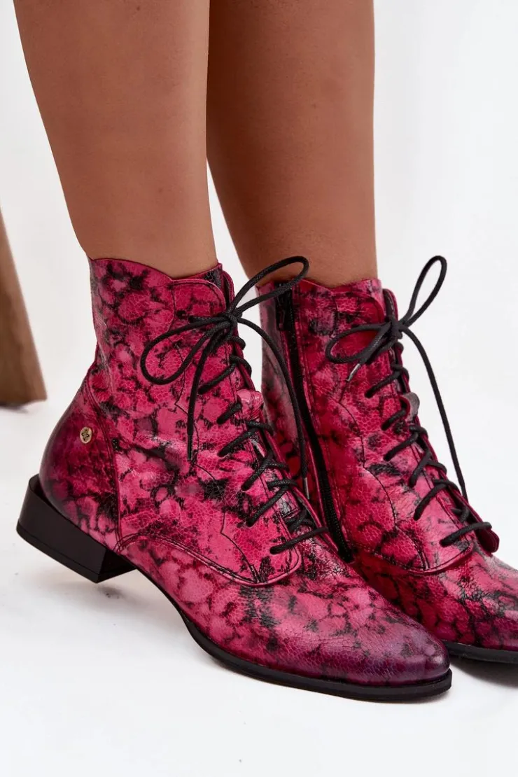 Online Maciejka Skórzane Wzorzyste Botki Na Płaskim Obcasie 06391-23 Różowe