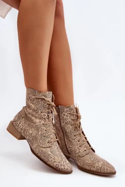 New Maciejka Skórzane Wzorzyste Botki Na Płaskim Obcasie 06391-04 Beżowe