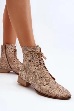 New Maciejka Skórzane Wzorzyste Botki Na Płaskim Obcasie 06391-04 Beżowe