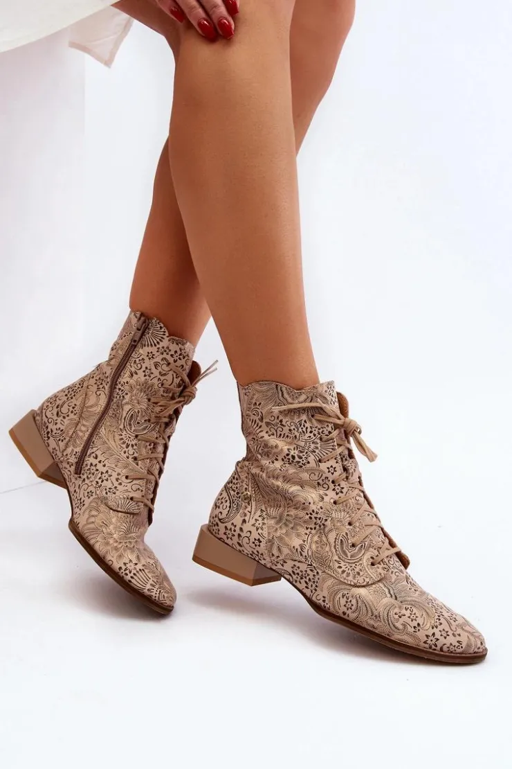 New Maciejka Skórzane Wzorzyste Botki Na Płaskim Obcasie 06391-04 Beżowe