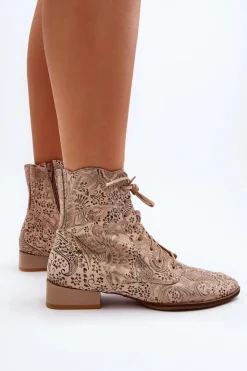 New Maciejka Skórzane Wzorzyste Botki Na Płaskim Obcasie 06391-04 Beżowe
