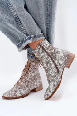 Damskie Maciejka Skórzane Wzorzyste Botki Na Płaskim Obcasie 06391-25 Beżowe