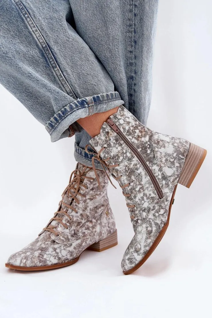 Damskie Maciejka Skórzane Wzorzyste Botki Na Płaskim Obcasie 06391-25 Beżowe