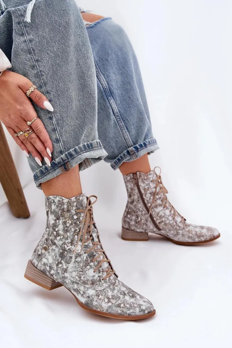 Damskie Maciejka Skórzane Wzorzyste Botki Na Płaskim Obcasie 06391-25 Beżowe