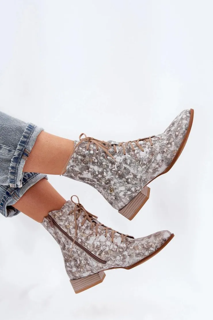 Damskie Maciejka Skórzane Wzorzyste Botki Na Płaskim Obcasie 06391-25 Beżowe