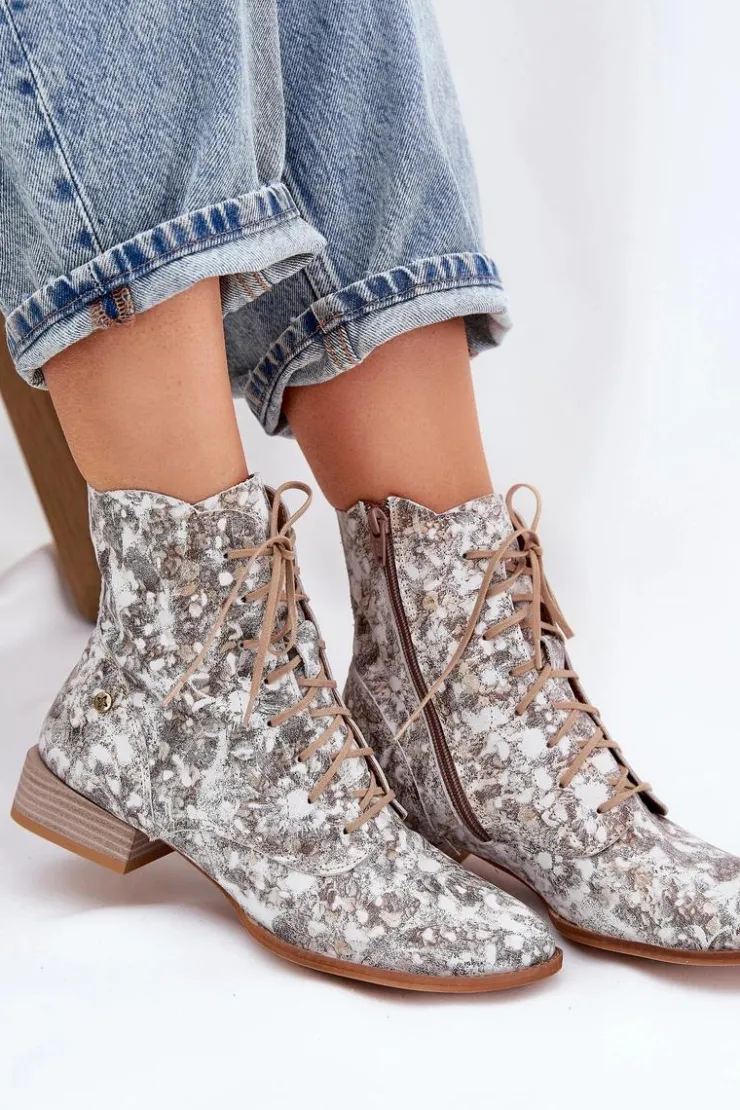 Damskie Maciejka Skórzane Wzorzyste Botki Na Płaskim Obcasie 06391-25 Beżowe
