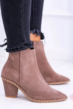 Damskie Boto Skórzane Zamszowe Beżowe Damskie Botki W Szpic Z Suwakiem Sonoma