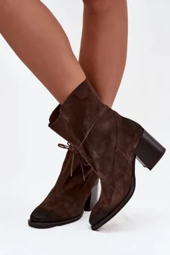 Damskie Zazoo Skórzane Zamszowe Botki Damskie Na Słupku 1151 Czekoladowe