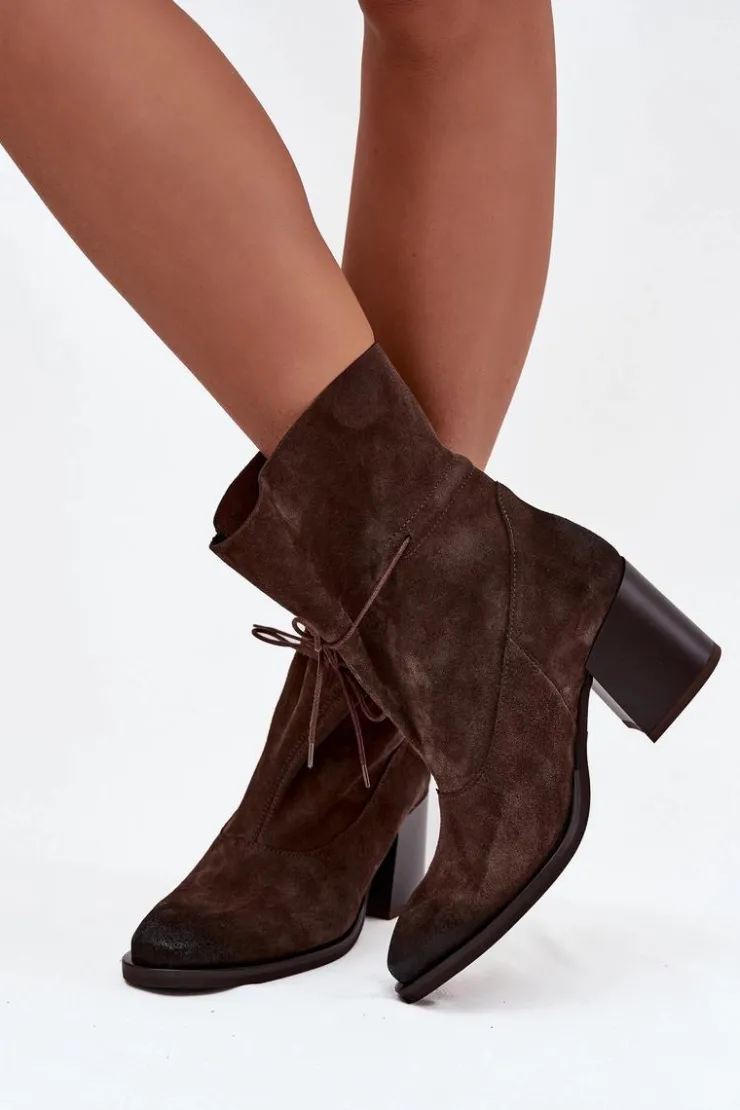 Damskie Zazoo Skórzane Zamszowe Botki Damskie Na Słupku 1151 Czekoladowe