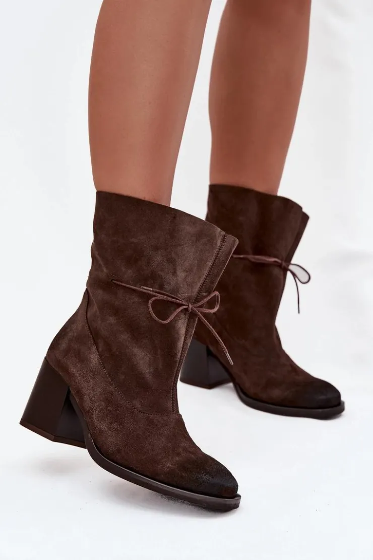 Damskie Zazoo Skórzane Zamszowe Botki Damskie Na Słupku 1151 Czekoladowe