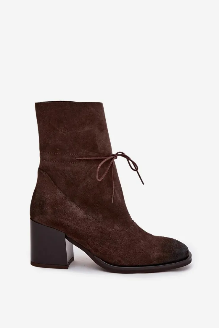 Damskie Zazoo Skórzane Zamszowe Botki Damskie Na Słupku 1151 Czekoladowe