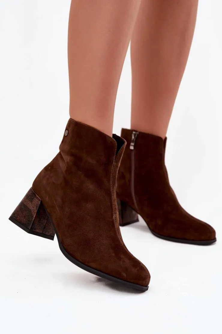 Hot Maciejka Skórzane Zamszowe Botki Damskie Na Słupku K7202-02 Czekoladowe Brązowy