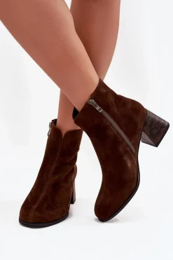 Hot Maciejka Skórzane Zamszowe Botki Damskie Na Słupku K7202-02 Czekoladowe Brązowy