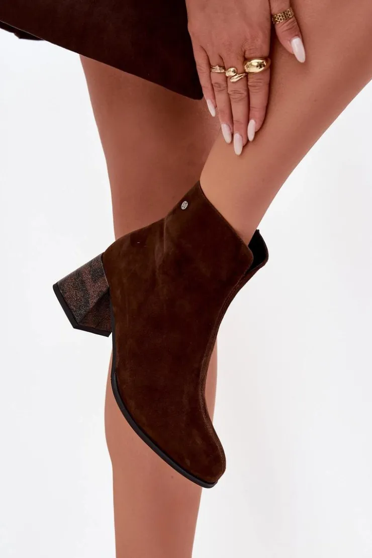 Hot Maciejka Skórzane Zamszowe Botki Damskie Na Słupku K7202-02 Czekoladowe Brązowy
