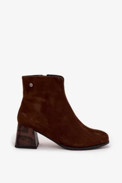 Hot Maciejka Skórzane Zamszowe Botki Damskie Na Słupku K7202-02 Czekoladowe Brązowy