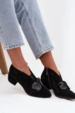 Damskie D&A Skórzane Zamszowe Botki Damskie Na Obcasie Z Ozdobą MR52-182 Czarne