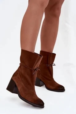Best Zazoo Skórzane Zamszowe Botki Damskie Na Słupku 1151 Brązowe Brązowy