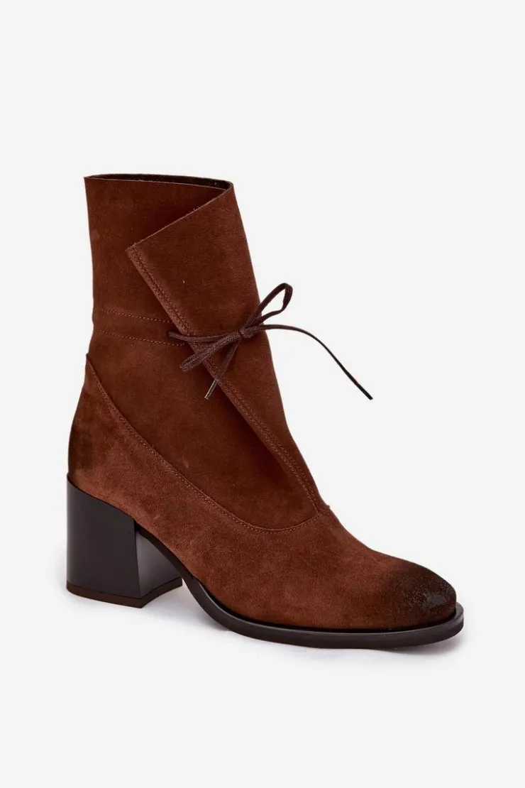 Best Zazoo Skórzane Zamszowe Botki Damskie Na Słupku 1151 Brązowe Brązowy