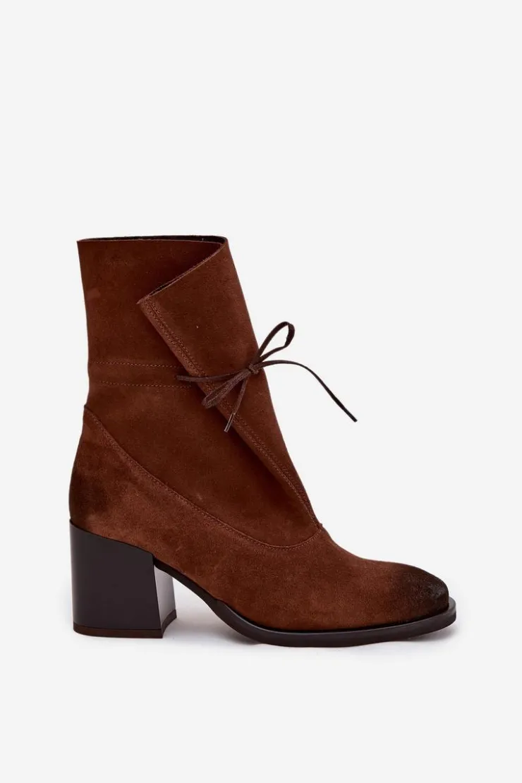 Best Zazoo Skórzane Zamszowe Botki Damskie Na Słupku 1151 Brązowe Brązowy
