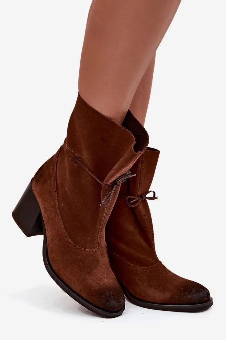 Best Zazoo Skórzane Zamszowe Botki Damskie Na Słupku 1151 Brązowe Brązowy