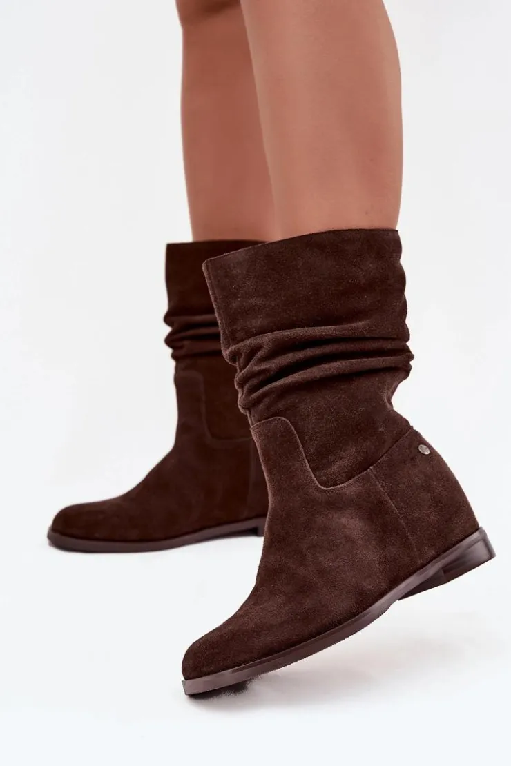 Damskie Maciejka Skórzane Zamszowe Botki Damskie Z Marszczeniem Ocieplane K7211-02 Czekoladowe