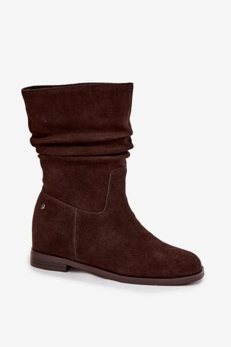 Damskie Maciejka Skórzane Zamszowe Botki Damskie Z Marszczeniem Ocieplane K7211-02 Czekoladowe