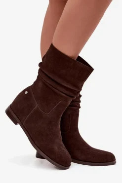 Damskie Maciejka Skórzane Zamszowe Botki Damskie Z Marszczeniem Ocieplane K7211-02 Czekoladowe