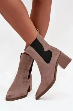 Damskie Artiker Skórzane Zamszowe Botki Damskie Na Słupku Ocieplane 57C0045 Beżowe