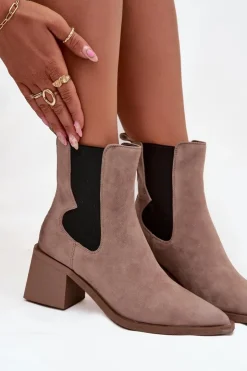 Damskie Artiker Skórzane Zamszowe Botki Damskie Na Słupku Ocieplane 57C0045 Beżowe