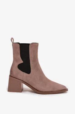 Damskie Artiker Skórzane Zamszowe Botki Damskie Na Słupku Ocieplane 57C0045 Beżowe