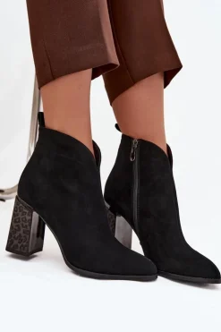 Boto Botki Ocieplane|Botki Na Słupku*Skórzane Zamszowe Botki Damskie Na Słupku Ocieplane Czarne Zivella Czarny