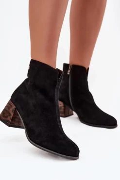 Damskie Maciejka Skórzane Zamszowe Botki Damskie Na Słupku K7202-01 Czarne