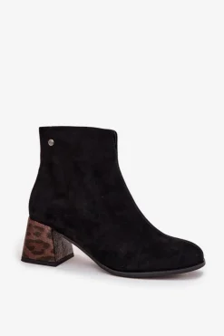 Damskie Maciejka Skórzane Zamszowe Botki Damskie Na Słupku K7202-01 Czarne