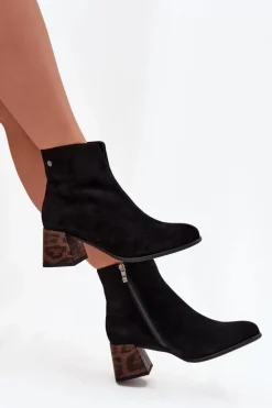 Damskie Maciejka Skórzane Zamszowe Botki Damskie Na Słupku K7202-01 Czarne