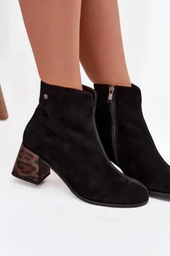 Damskie Maciejka Skórzane Zamszowe Botki Damskie Na Słupku K7202-01 Czarne