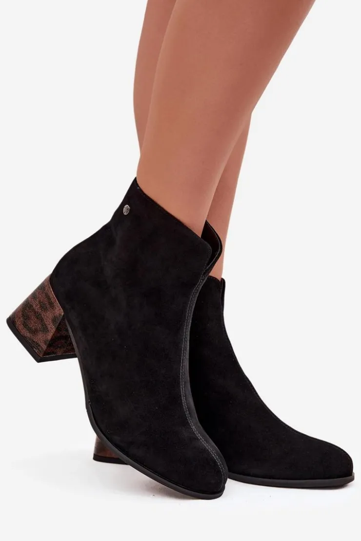 Damskie Maciejka Skórzane Zamszowe Botki Damskie Na Słupku K7202-01 Czarne