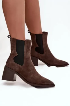 Artiker Botki Ocieplane|Botki Skórzane*Skórzane Zamszowe Botki Damskie Na Słupku Ocieplane 57C0047 Brązowe Brązowy