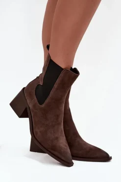 Artiker Botki Ocieplane|Botki Skórzane*Skórzane Zamszowe Botki Damskie Na Słupku Ocieplane 57C0047 Brązowe Brązowy