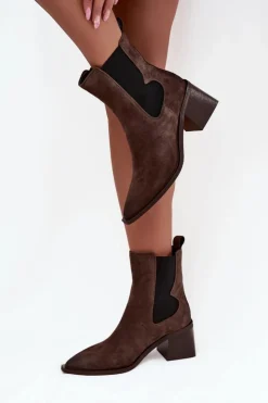 Artiker Botki Ocieplane|Botki Skórzane*Skórzane Zamszowe Botki Damskie Na Słupku Ocieplane 57C0047 Brązowe Brązowy