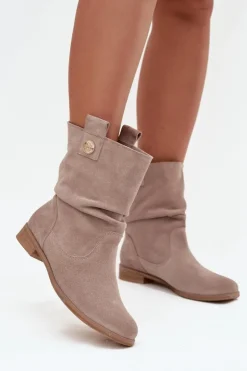 Sale Zazoo Skórzane Zamszowe Botki Damskie Z Marszczeniem Ocieplane 4210 Beżowe Beżowy