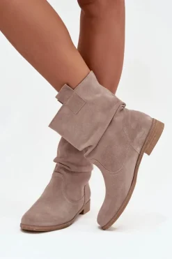 Sale Zazoo Skórzane Zamszowe Botki Damskie Z Marszczeniem Ocieplane 4210 Beżowe Beżowy