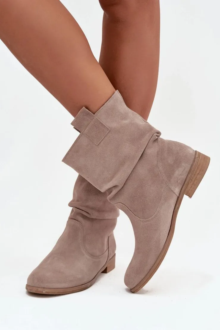 Sale Zazoo Skórzane Zamszowe Botki Damskie Z Marszczeniem Ocieplane 4210 Beżowe Beżowy