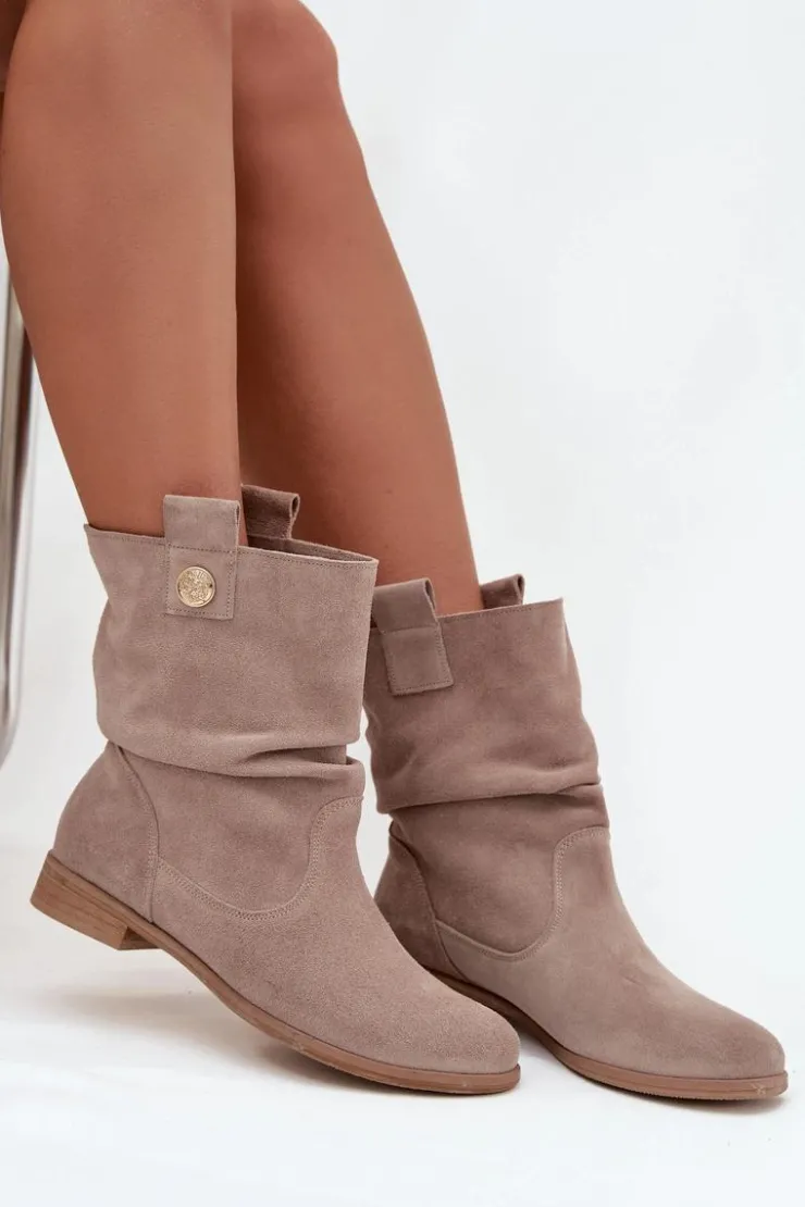 Sale Zazoo Skórzane Zamszowe Botki Damskie Z Marszczeniem Ocieplane 4210 Beżowe Beżowy