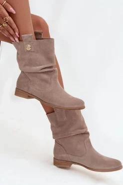 Sale Zazoo Skórzane Zamszowe Botki Damskie Z Marszczeniem Ocieplane 4210 Beżowe Beżowy